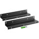 Two black metal brackets with green screws used to mount a black rectangular CD4 cash drawer under a counter.