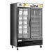 A black Avantco merchandising refrigerator with two glass doors.