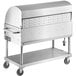 A stainless steel Backyard Pro barbecue on wheels.