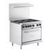 A stainless steel Main Street Equipment commercial gas range with six burners and an open oven door.