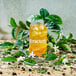 A glass of Tractor Beverage Co. Organic Green Tea with ice and leaves on a white background.