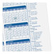The top of a calendar with blue and white numbers and dates.