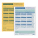 A white form with blue and yellow lines and a yellow and blue calendar with numbers and months.