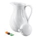 A white thermal swirl coffee carafe with a handle, removable lid, and colored tags for identification.