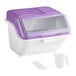 A white and purple ingredient bin with a flip lid, accompanied by a label sheet and a clear scoop.