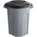 a grey trash can with a black lid