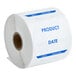 A roll of Noble Products 3" Product Date stickers with blue text on a white background.