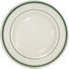 An ivory stoneware pasta bowl with green bands on it.