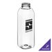 A clear tall square PET juice bottle with black customizable text.