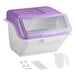 A purple and white plastic Baker's Lane ingredient bin with a clear flip lid and scoop inside.