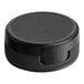 A 38/400 black plastic flip top lid with a black circle pressure sensitive liner.