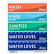 A group of rectangular white, blue, and green labels for a sink with text.