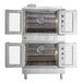 A stainless steel Cooking Performance Group double deck convection oven with racks inside.