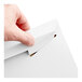 A white tab-locking rigid mailer being closed by a hand.