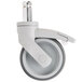 A grey wheel with a white base and a metal nut.