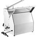 An Estella countertop bread slicer machine with a metal handle and open lid.