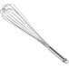 A Choice stainless steel French whisk with a handle.