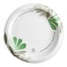A white Dixie Pathways 8 1/2 inch medium weight paper plate with green and beige leaf designs around the rim.