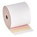 A PointPlus carbonless cash register paper roll with white, pink, and yellow papers.