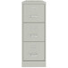 A light gray Hirsh Industries three-drawer filing cabinet.