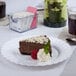 A slice of chocolate cake on a Fineline Flairware white plastic plate with a raspberry and whipped cream.