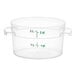 A clear plastic Vigor round food storage container with green measurements.