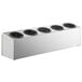 A silver rectangular stainless steel flatware organizer with four holes.