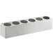 A stainless steel rectangular container with six holes.