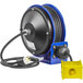 A blue and black Coxreels power cord reel with a yellow quad receptacle box.