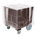 A plastic-wrapped dark brown Cambro dish caddy on wheels.