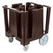 A dark brown Cambro plastic dish caddy with wheels.