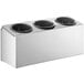 A stainless steel rectangular flatware organizer with three black perforated plastic cylinders.