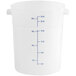 A white plastic Vigor food storage container with blue measurements and blue writing.