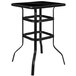 A black square metal outdoor bar table with a glass top.