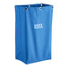 A blue Lavex janitor cart bag with white text.