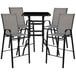 A Flash Furniture outdoor bar table with gray chairs on an outdoor patio.