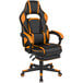 A black and orange Flash Furniture office chair with a slide-out footrest.