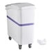 A white Baker's Lane mobile ingredient storage bin with a purple stripe on wheels.