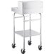 A silver stainless steel table with black wheels.