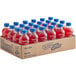 A cardboard box of Hawaiian Punch Fruit Juicy Red bottles with blue caps.