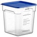 a clear plastic container with a blue lid