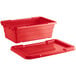 A red plastic tote box with cover.