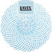 A close up of a blue and white circular Lavex Fresh scented gel urinal screen with black text.