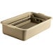 A brown plastic Vollrath flatware soak box with a lid.