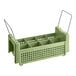 A green plastic basket with 8 compartments and handles and holes.