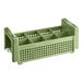 A green plastic Vollrath flatware rack with handles and compartments.