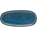 A close-up of a blue Front of the House Artefact oval porcelain plate with a black rim.
