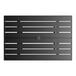 A rectangular black powder-coated aluminum outdoor dining table with horizontal slats and an umbrella hole in the center.