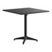 A square black powder-coated aluminum outdoor dining table with an umbrella hole and a four-legged base.