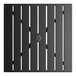 A square black powder-coated aluminum outdoor dining table with slatted design and an umbrella hole in the center.